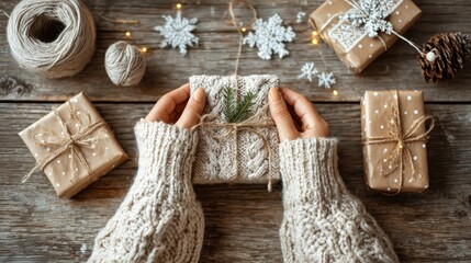 Female hands decorating holiday presents
