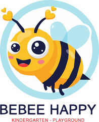 A cheerful cartoon bee with heart-shaped antennae and a welcoming smile, perfect for kindergarten or playground branding and design.