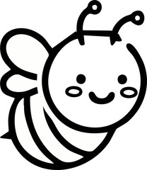 A charming cartoon bee illustration, depicted in a simple black and white style, showcasing a friendly and cheerful expression.