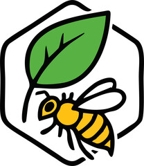 A vibrant illustration portrays a bee with a leaf, enclosed within a hexagonal frame, symbolizing nature and environmental awareness.