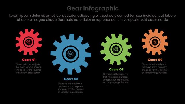 Gear shape infographic 4 point stage template with spinning big gear up and down with big and small variations video animation or animated motion