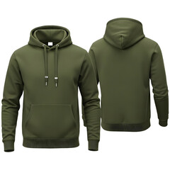 Blank olive green hoodie sweatshirt template mockup. Front and back view product photography. isolated PNG with Transparent Background