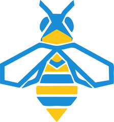 A stylized illustration showcases a vibrant bee icon, rendered in bold blue and yellow, perfect for branding and design projects.