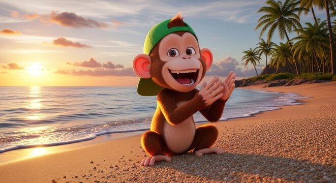 Animated monkey enjoying sunset on beach wearing green cap in tropical paradise - Powered by Adobe