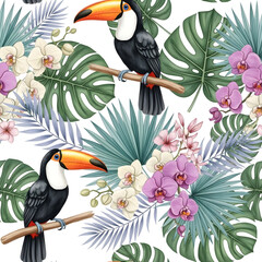 Beautiful exotic seamless pattern with toucans, orchids, and lush tropical jungle leaves isolated PNG with Transparent Background