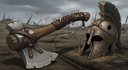 Battlefield Relics: Abandoned Axe and Spartan Helmet in the Aftermath of War