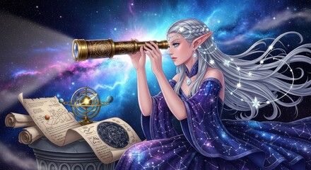 Celestial Navigator: An Elf Maiden's Stargazing Expedition with Astronomical Instruments
