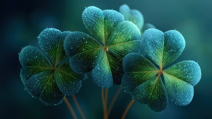 Three Vibrant Green Clover Leaves with Dew Drops Against Soft Blue Background