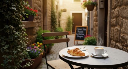 Obraz premium Charming european cafe setting with croissant and coffee amidst historic architecture