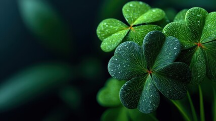 Fresh Green Clover Leaves with Water Drops on a Dark Background