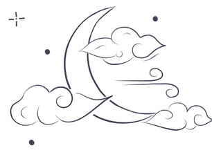 vector illustration of a crescent moon surrounded by clouds and stars. Perfect for night sky themes, dream art, posters, and minimalist celestial designs.