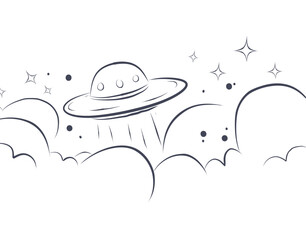 Minimalist vector illustration of a UFO flying among clouds and stars. Simple line and shape design, perfect for sci-fi projects, stickers, posters, and children’s books.