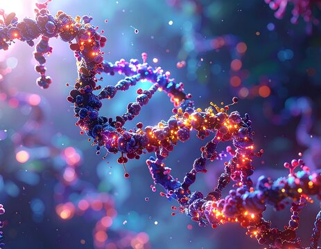 Close-up view of a vibrant, illuminated DNA strand structure