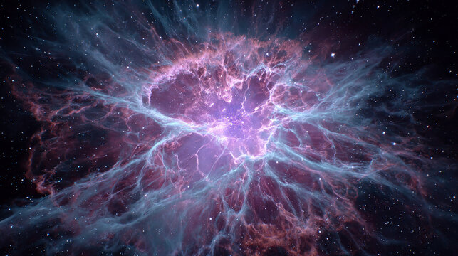 A vibrant particle nebula interwoven with digital overlays, combining cosmic energy and futuristic circuitry in a luminous