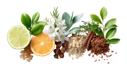 Citrus slices, spices, flowers, greenery, and nuts collage