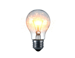 A transparent light bulb, filled with a burst of bright, fiery, star-like particles, illuminated, set against a dark, featureless backdrop