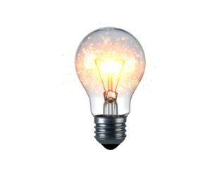 A transparent light bulb, filled with a burst of bright, fiery, star-like particles, illuminated, set against a dark, featureless backdrop