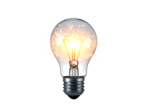 A transparent light bulb, filled with a burst of bright, fiery, star-like particles, illuminated, set against a dark, featureless backdrop