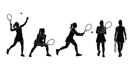 Elegant silhouette of female athletes playing tennis with determination