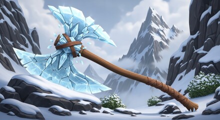 Glacial cleaver amidst snowy peaks: a majestic ice weapon in a winter realm