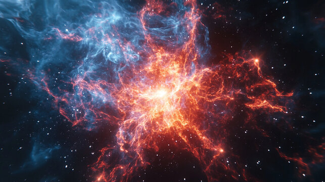 A vibrant particle nebula interwoven with digital overlays, combining cosmic energy and futuristic circuitry in a luminous