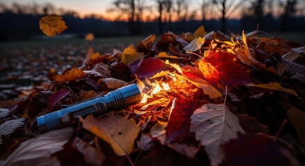 Illuminating autumn splendor: A flashlight's glow amidst fallen leaves at twilight