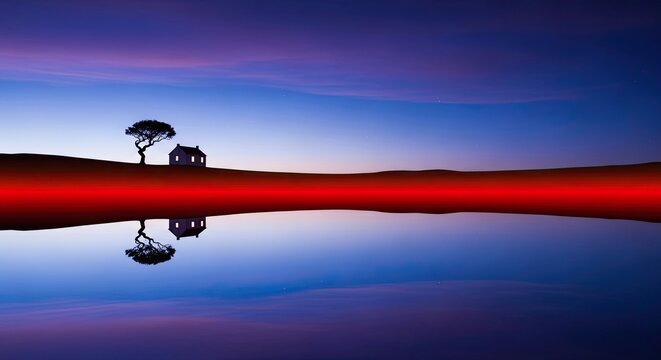 Serene Sunset Over Reflective Lake with Lone Tree and House