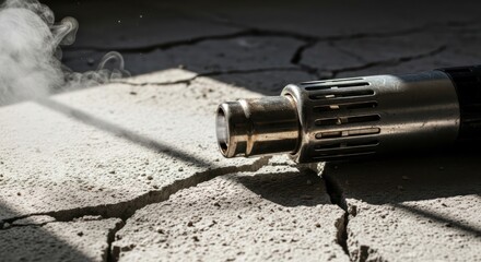 Industrial heat gun aimed at cracked concrete surface displaying high contrast