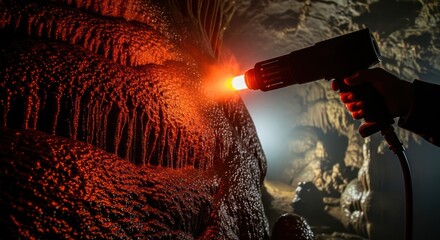 Intricate cave formation illuminated with a bright portable light source offering a glimpse into