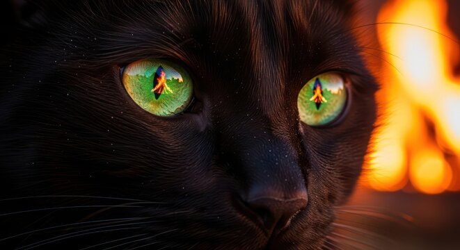 Intense gaze of a black cat with fiery reflections in vibrant emerald green eyes