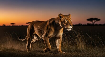 Lioness strides powerfully under vibrant twilight sky in african savanna setting