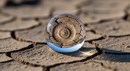 Lens ball photography capturing an ammonite fossil on parched earth landscape