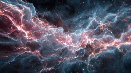 A vibrant particle nebula interwoven with digital overlays, combining cosmic energy and futuristic circuitry in a luminous