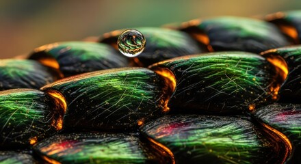 Magnified droplet resting above textured material exhibiting iridescence patterns