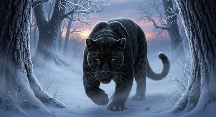 Majestic black panther prowls through snowy forest with glowing red eyes