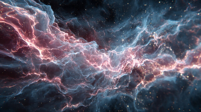 A vibrant particle nebula interwoven with digital overlays, combining cosmic energy and futuristic circuitry in a luminous