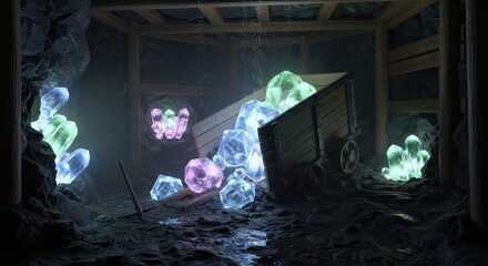 Mystic crystal mine, glowing gems, and aged mining cart in mysterious cavern