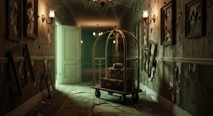 Mysterious abandoned hotel corridor with luggage cart and peeling wallpaper scene