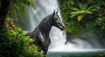 Mystical black horse portrait standing before majestic tropical waterfall cascade