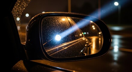 Night drive reflection capturing the blurred city lights on a rainy evening mirrored in car side