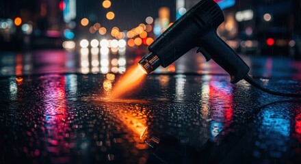 Night Reflections A heat gun illuminates a rain-slicked city street with vibrant bokeh
