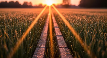 Pathway to serenity: A golden sunrise illuminates dew-kissed grass along a narrow path