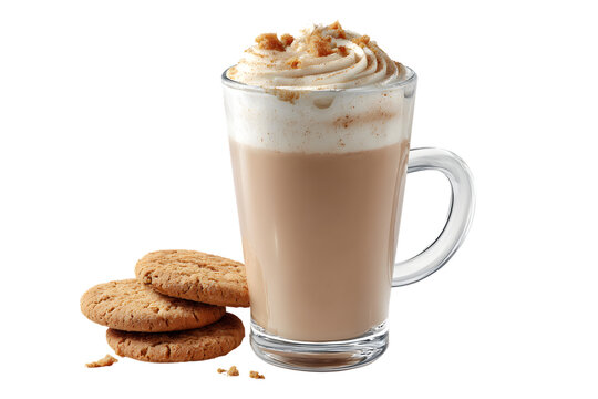 Delicious latte with whipped cream and cookies