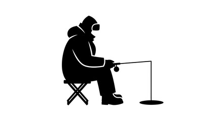 Lone ice fisherman patiently waiting for a bite on a frozen lake