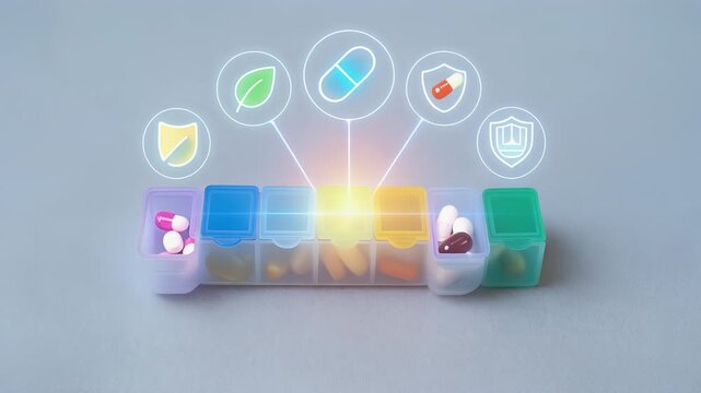 Weekly pill organizer with medication compartments and weekly compartment reminders for capsule tablet supplement routine conveying daily dispenser