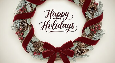 Festive Wreath Decorated With Pinecones Berries and Velvet Ribbons Wishing Happy Holidays