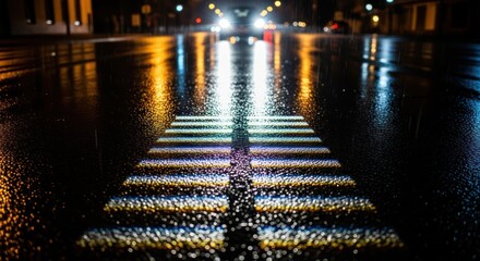 Urban reflections pedestrian crossing at night reflecting city lights in rain slicked street