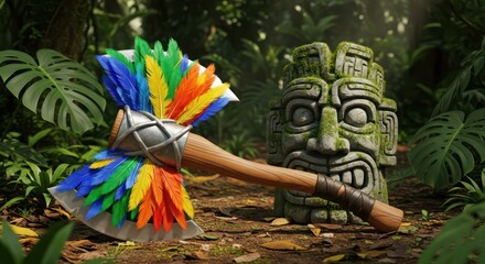 Vibrant feathered axe resting against an ancient stone idol amidst lush jungle foliage