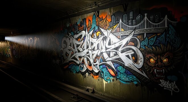 Urban tunnel illuminated with dynamic graffiti mural art highlighting cityscapes and mythical