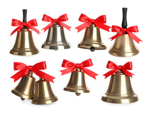 Festive Bells A Collection of Holiday Bells with Red Bows on White Background